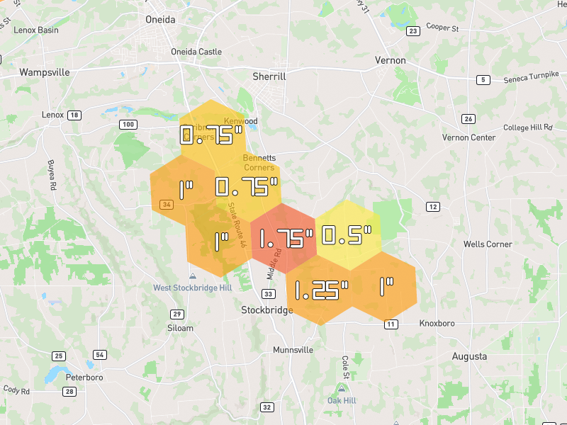 Hail map of Munnsville, NY on Jul 1, 2026, hail up to 1.75"