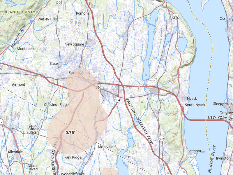 Radar-estimated hail-size map of the storm over Nanuet, NY on Jul 27, 2026