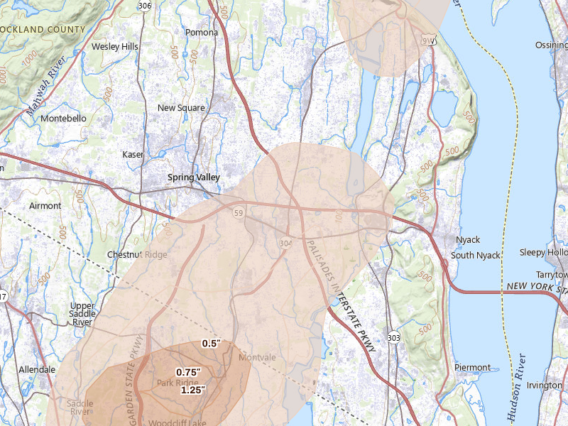 Radar-estimated hail-size map of the storm over Nanuet, NY on Aug 7, 2026