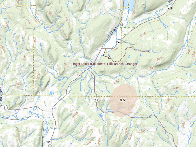 Radar-estimated hail-size map of the storm over Naples, NY on Jun 11, 2026