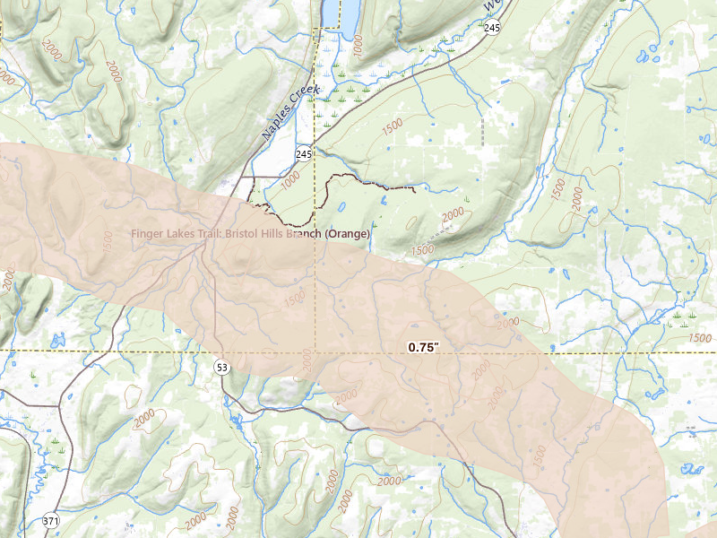 Radar-estimated hail-size map of the storm over Naples, NY on Aug 12, 2026