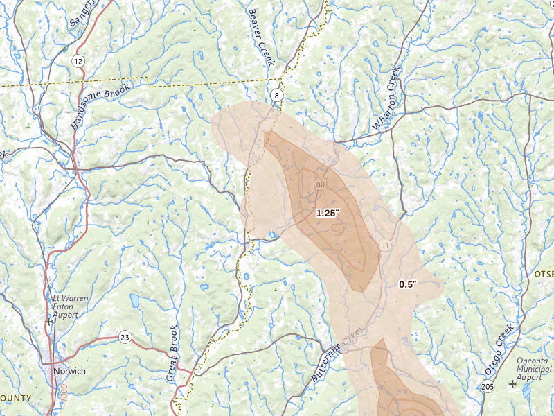Radar-estimated hail-size map of the storm over New Berlin, NY on Jun 30, 2026