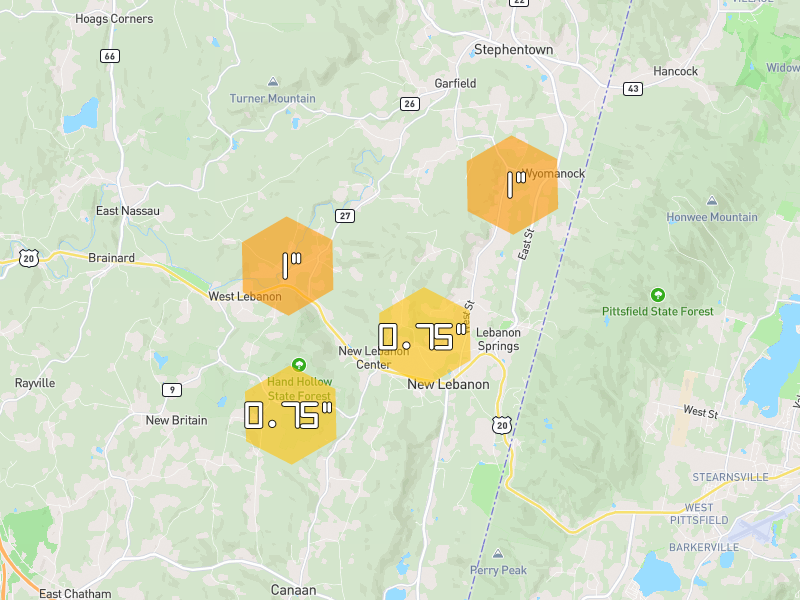 Hail map of New Lebanon, NY on Jun 6, 2026, hail up to 1"