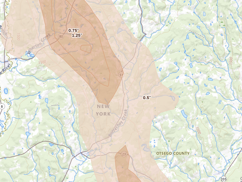 Radar-estimated hail-size map of the storm over New Lisbon, NY on Jun 30, 2026