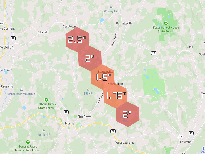 Hail map of New Lisbon, NY on Jun 30, 2026, hail up to 2.5"
