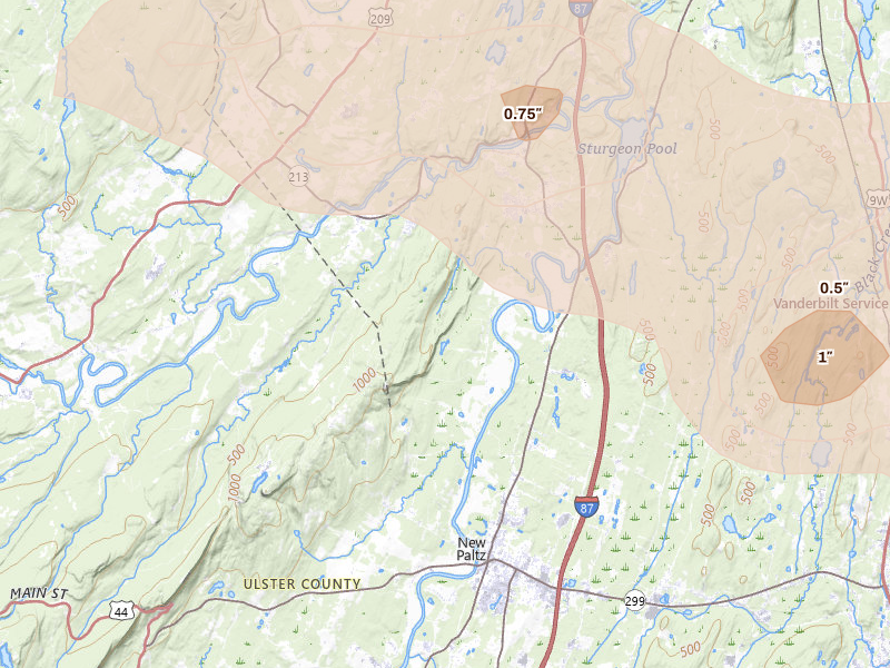 Radar-estimated hail-size map of the storm over New Paltz, NY on Jun 6, 2026