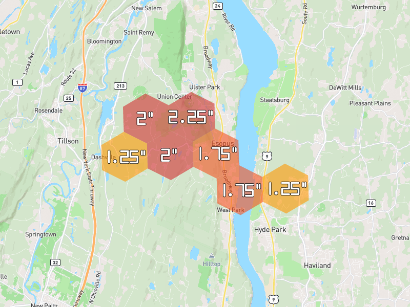 Hail map of New Paltz, NY on Jun 6, 2026, hail up to 2.25"