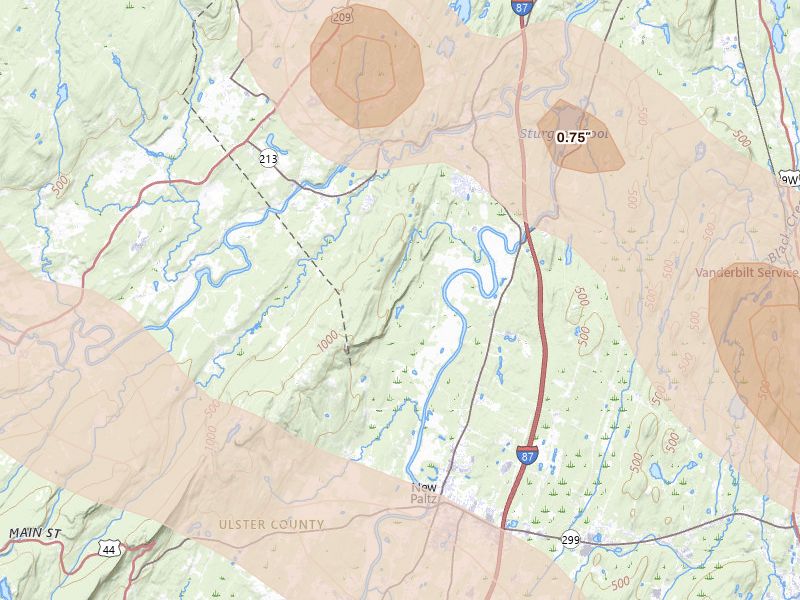 Radar-estimated hail-size map of the storm over New Paltz, NY on Jul 4, 2026