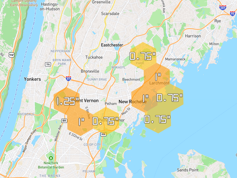 Hail map of New Rochelle, NY on Jul 21, 2026, hail up to 1.25"