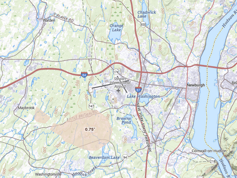 Radar-estimated hail-size map of the storm over New Windsor, NY on Aug 12, 2026
