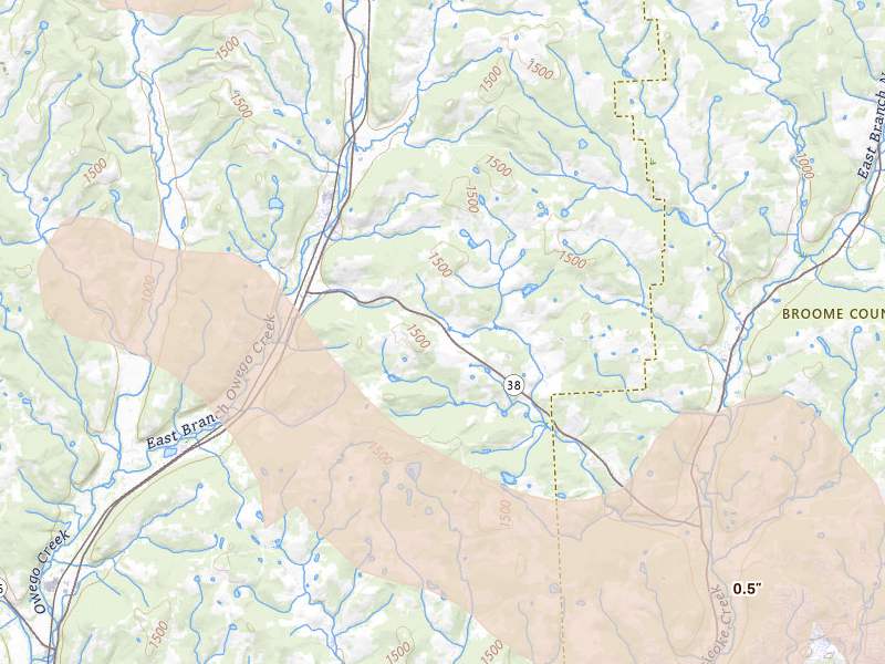 Radar-estimated hail-size map of the storm over Newark Valley, NY on Jul 3, 2026