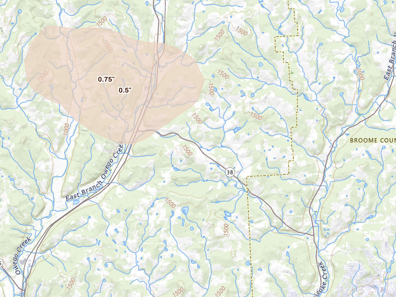 Radar-estimated hail-size map of the storm over Newark Valley, NY on Jul 18, 2026