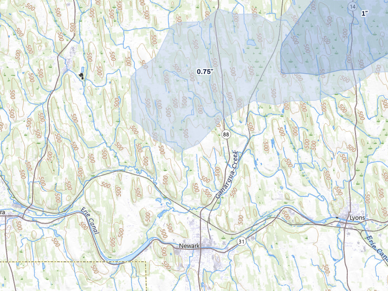 NEXRAD radar-signature map of the hail storm over Newark, NY on May 13, 2026