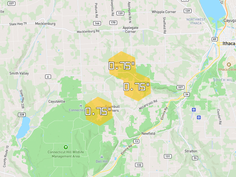 Hail map of Newfield, NY on Jul 3, 2026, hail up to 0.75"
