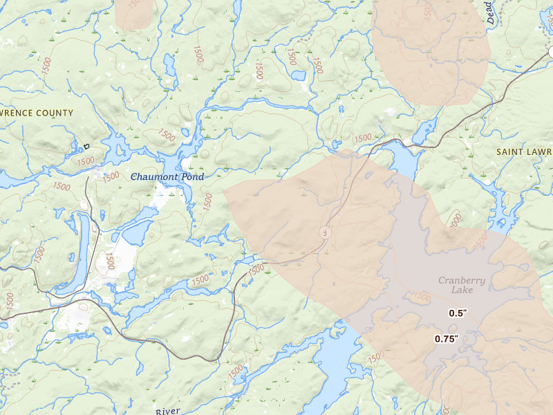 Radar-estimated hail-size map of the storm over Newton Falls, NY on Jul 14, 2026