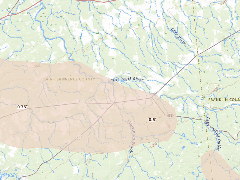 Radar-estimated hail-size map of the storm over Nicholville, NY on Aug 10, 2026