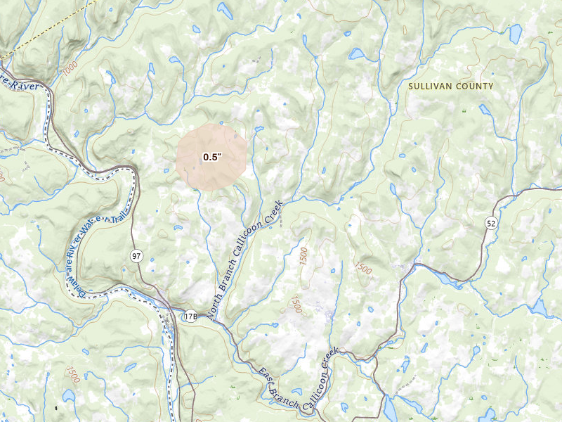 Radar-estimated hail-size map of the storm over North Branch, NY on Aug 7, 2026