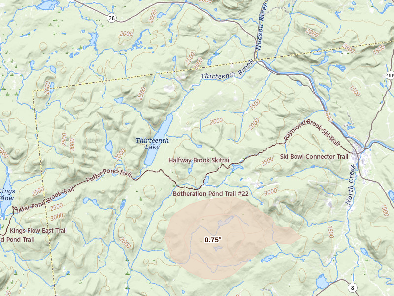 Radar-estimated hail-size map of the storm over North River, NY on Jul 1, 2026