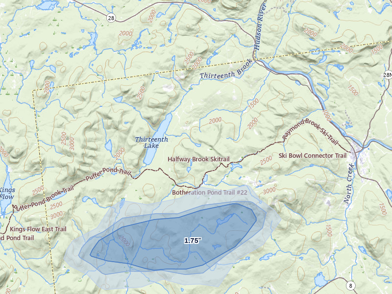 NEXRAD radar-signature map of the hail storm over North River, NY on Jul 1, 2026