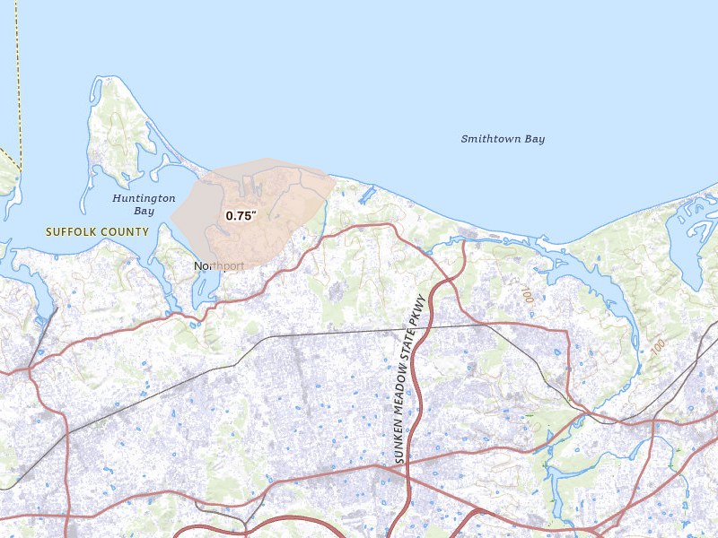 Radar-estimated hail-size map of the storm over Northport, NY on May 20, 2026