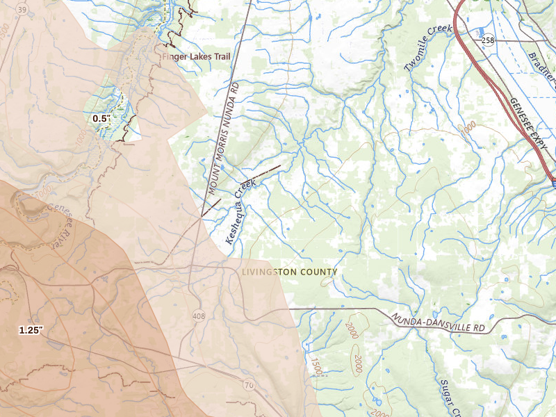 Radar-estimated hail-size map of the storm over Nunda, NY on Sep 2, 2026