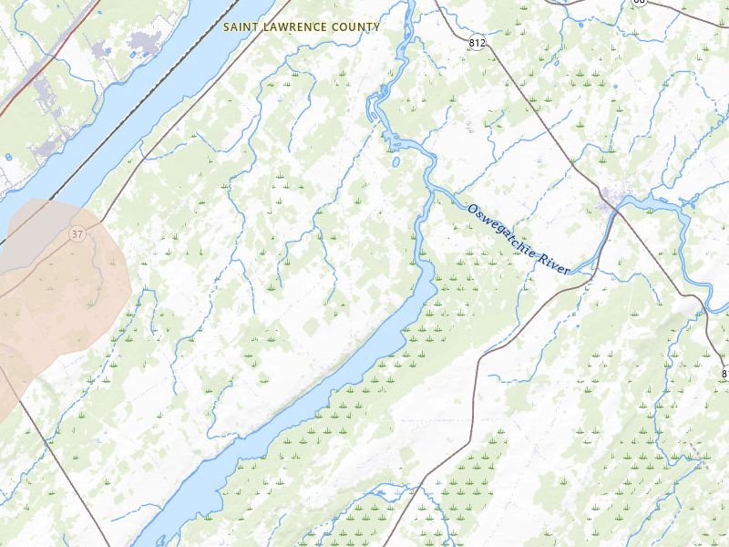 Radar-estimated hail-size map of the storm over Ogdensburg, NY on Jul 1, 2026