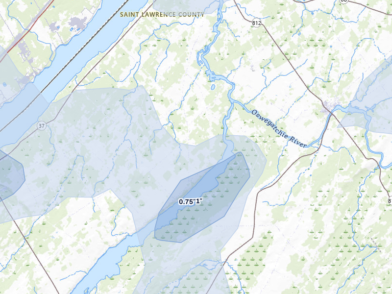 NEXRAD radar-signature map of the hail storm over Ogdensburg, NY on Jul 1, 2026