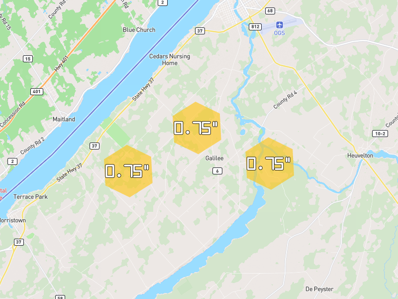 Hail map of Ogdensburg, NY on Jul 1, 2026, hail up to 0.75"