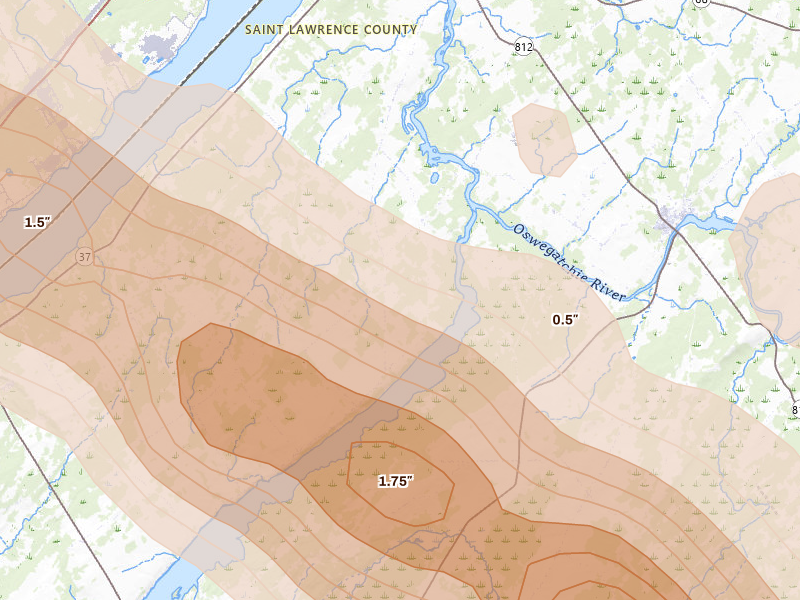 Radar-estimated hail-size map of the storm over Ogdensburg, NY on Jul 14, 2026