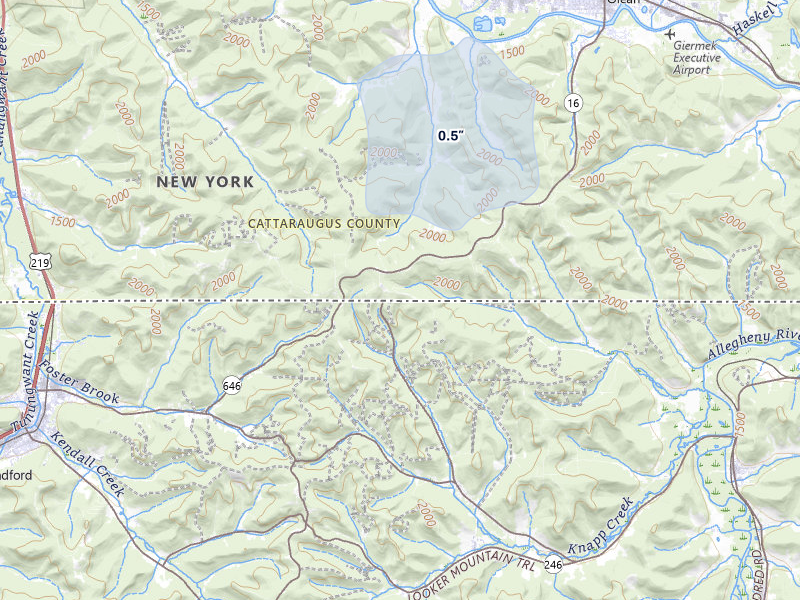 NEXRAD radar-signature map of the hail storm over Olean, NY on Jun 30, 2026