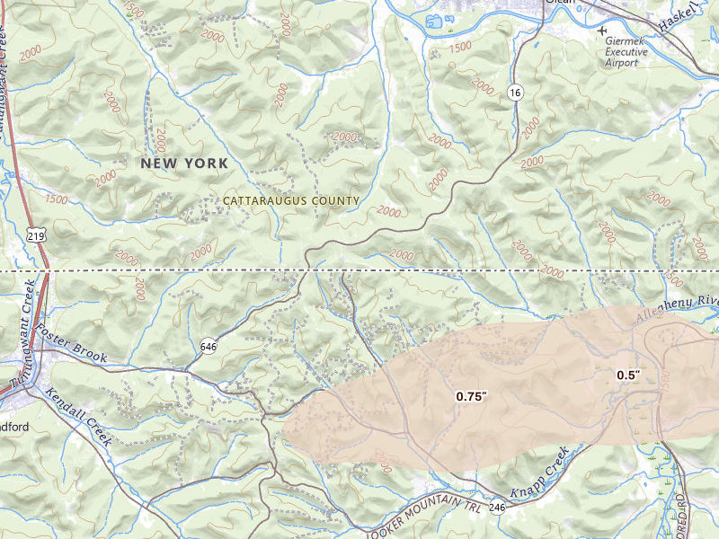 Radar-estimated hail-size map of the storm over Olean, NY on Jul 3, 2026
