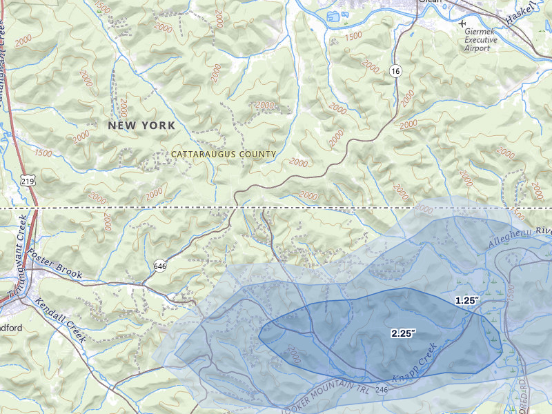 NEXRAD radar-signature map of the hail storm over Olean, NY on Jul 3, 2026