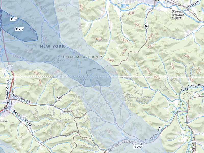 NEXRAD radar-signature map of the hail storm over Olean, NY on Jul 27, 2026