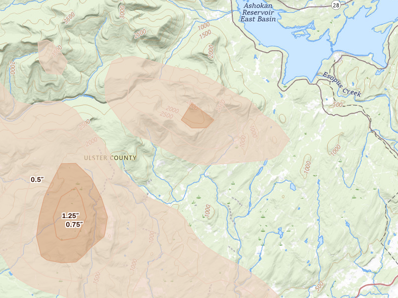 Radar-estimated hail-size map of the storm over Olivebridge, NY on Jul 4, 2026