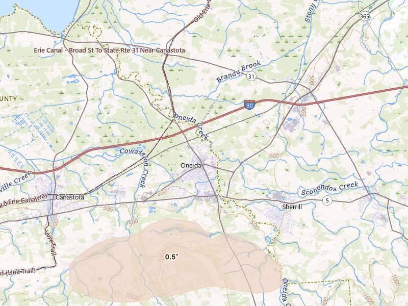 Radar-estimated hail-size map of the storm over Oneida, NY on Jul 1, 2026
