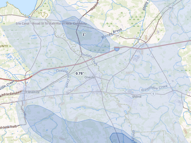 NEXRAD radar-signature map of the hail storm over Oneida, NY on Jul 1, 2026