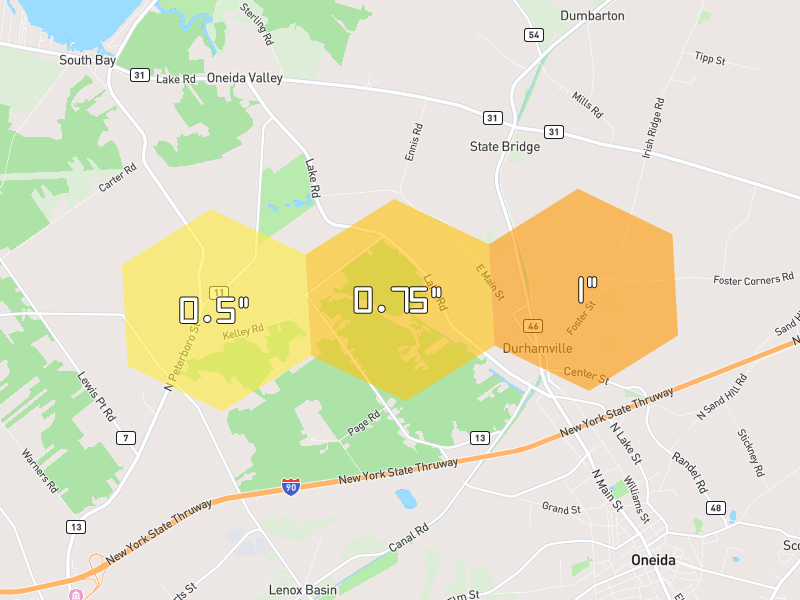 Hail map of Oneida, NY on Jul 1, 2026, hail up to 1"