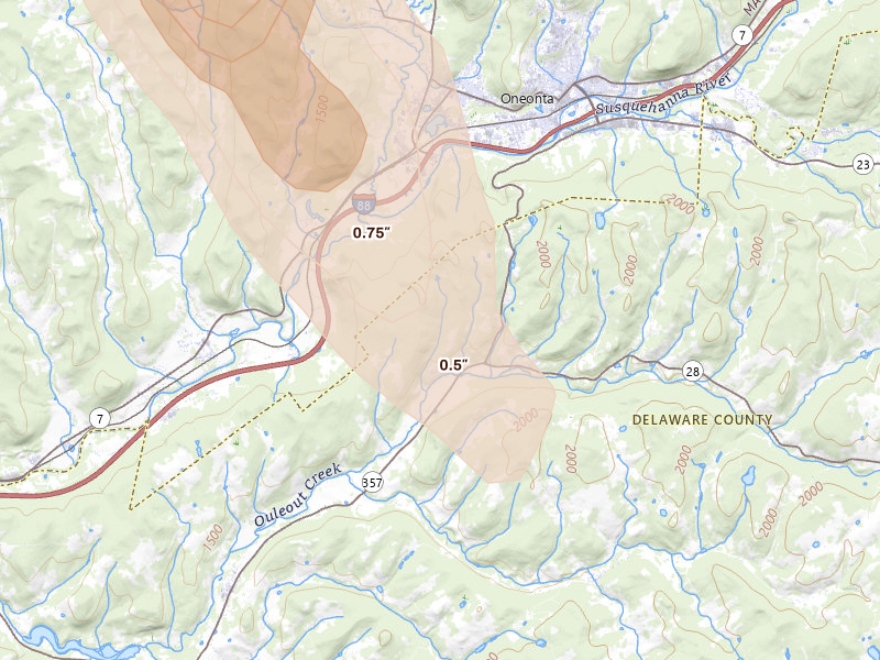 Radar-estimated hail-size map of the storm over Oneonta, NY on Jun 30, 2026