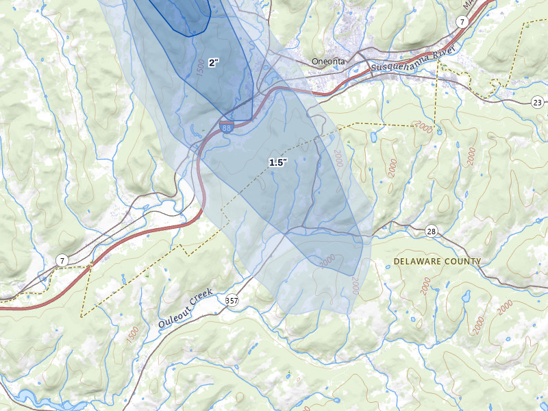 NEXRAD radar-signature map of the hail over Oneonta, NY