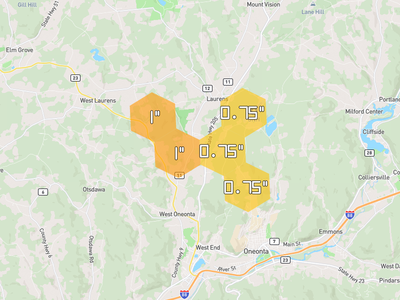 Hail map of Oneonta, NY on Jul 2, 2026, hail up to 1"