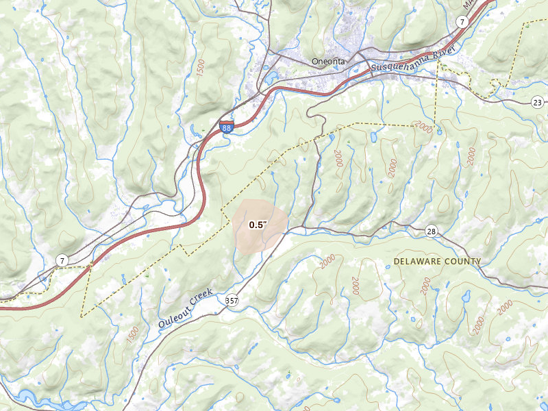 Radar-estimated hail-size map of the storm over Oneonta, NY on Aug 8, 2026