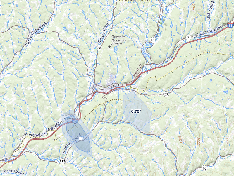 NEXRAD radar-signature map of the hail storm over Oneonta, NY on Aug 8, 2026