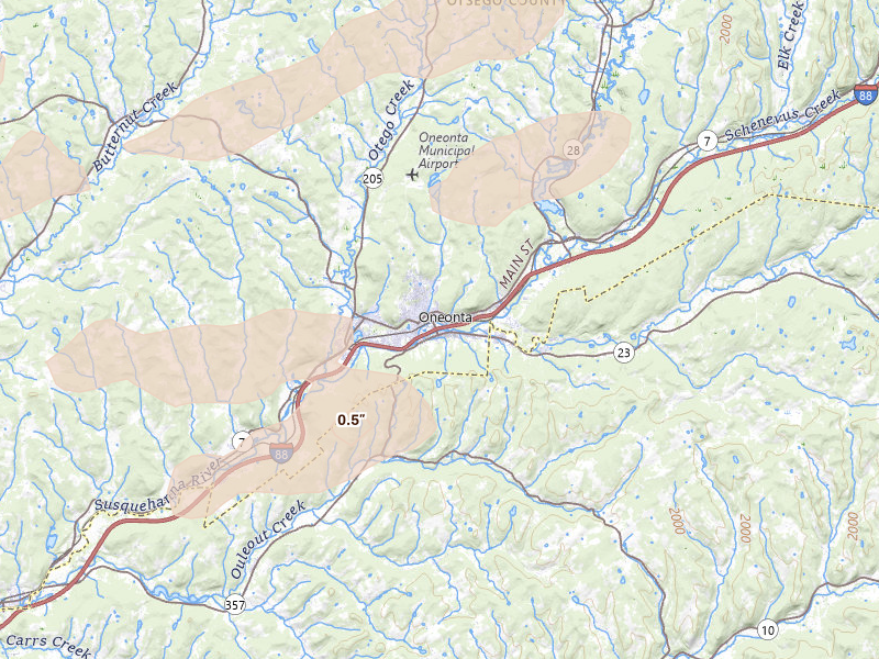 Radar-estimated hail-size map of the storm over Oneonta, NY on Aug 27, 2026