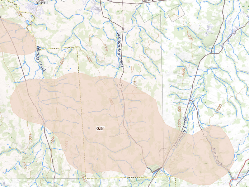 Radar-estimated hail-size map of the storm over Oriskany Falls, NY on Jul 1, 2026