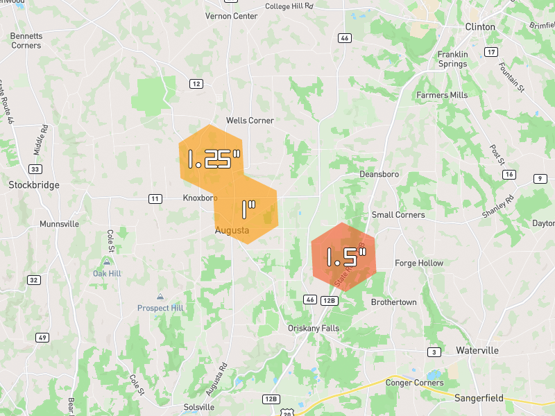 Hail map of Oriskany Falls, NY on Jul 2, 2026, hail up to 1.5"
