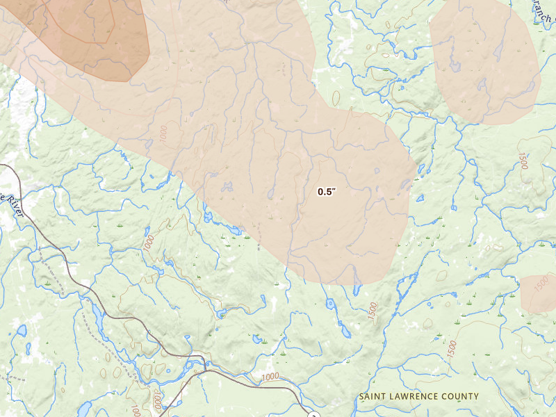 Radar-estimated hail-size map of the storm over Oswegatchie, NY on Jul 14, 2026