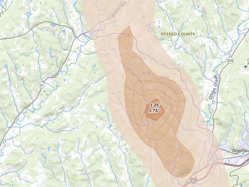 Radar-estimated hail-size map of the storm over Otego, NY on Jun 30, 2026