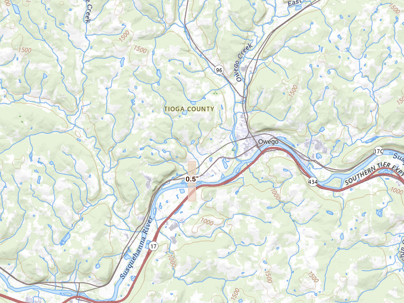 Radar-estimated hail-size map of the storm over Owego, NY on Feb 21, 2026