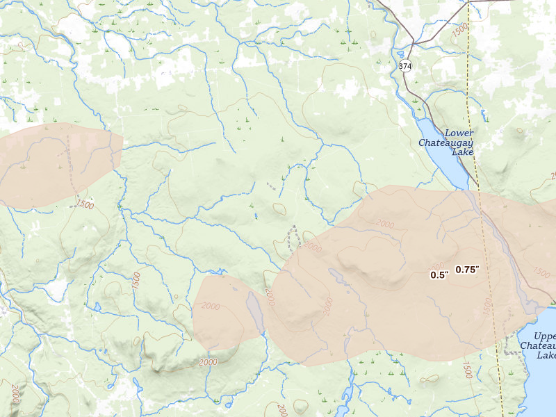 Radar-estimated hail-size map of the storm over Owls Head, NY on Jul 1, 2026