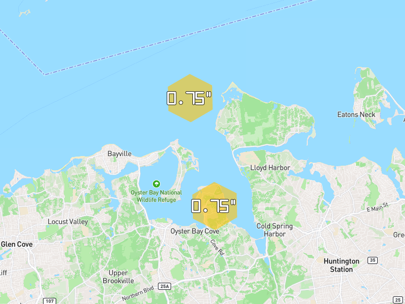 Hail map of Oyster Bay, NY on Jul 21, 2026, hail up to 0.75"